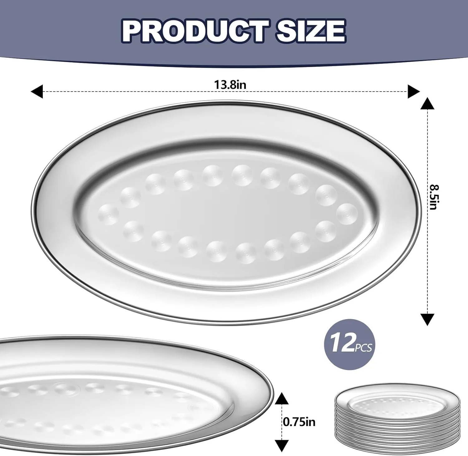 Suclain 12 Pcs Stainless Steel Oval Platter 13.8 Inch by 8.5 Inch Large Serving Platter Silver Serving Tray Heavy Duty Mirror Polish Sizzling Plate with Swirl Pattern for Fish Dessert Meat Sushi