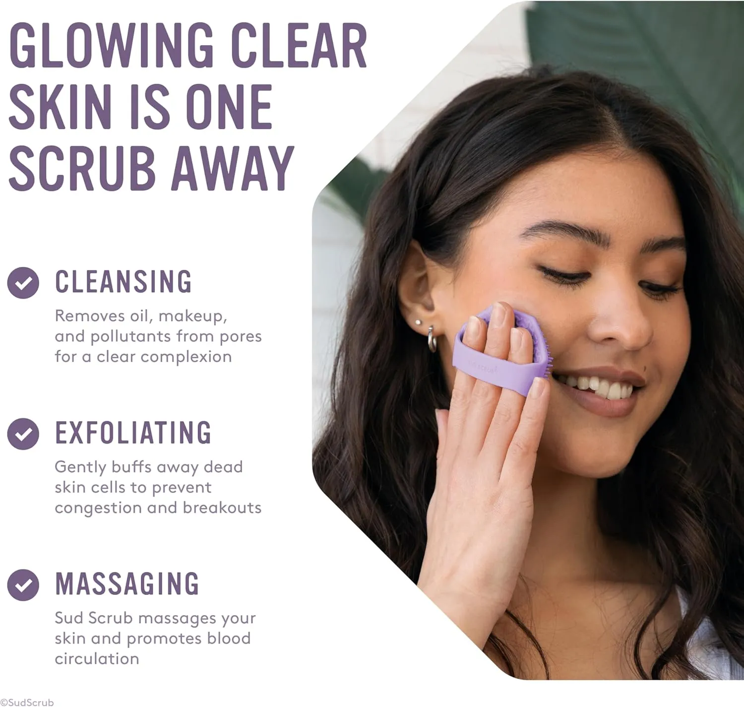 Sud Scrub® Antimicrobial Silicone Face Scrubber, 1 Pack, Gentle Face Exfoliator for Sensitive Skin, Eco Friendly Facial Cleansing Brush, Exfoliating Face Brush for Men and Women (Purple)