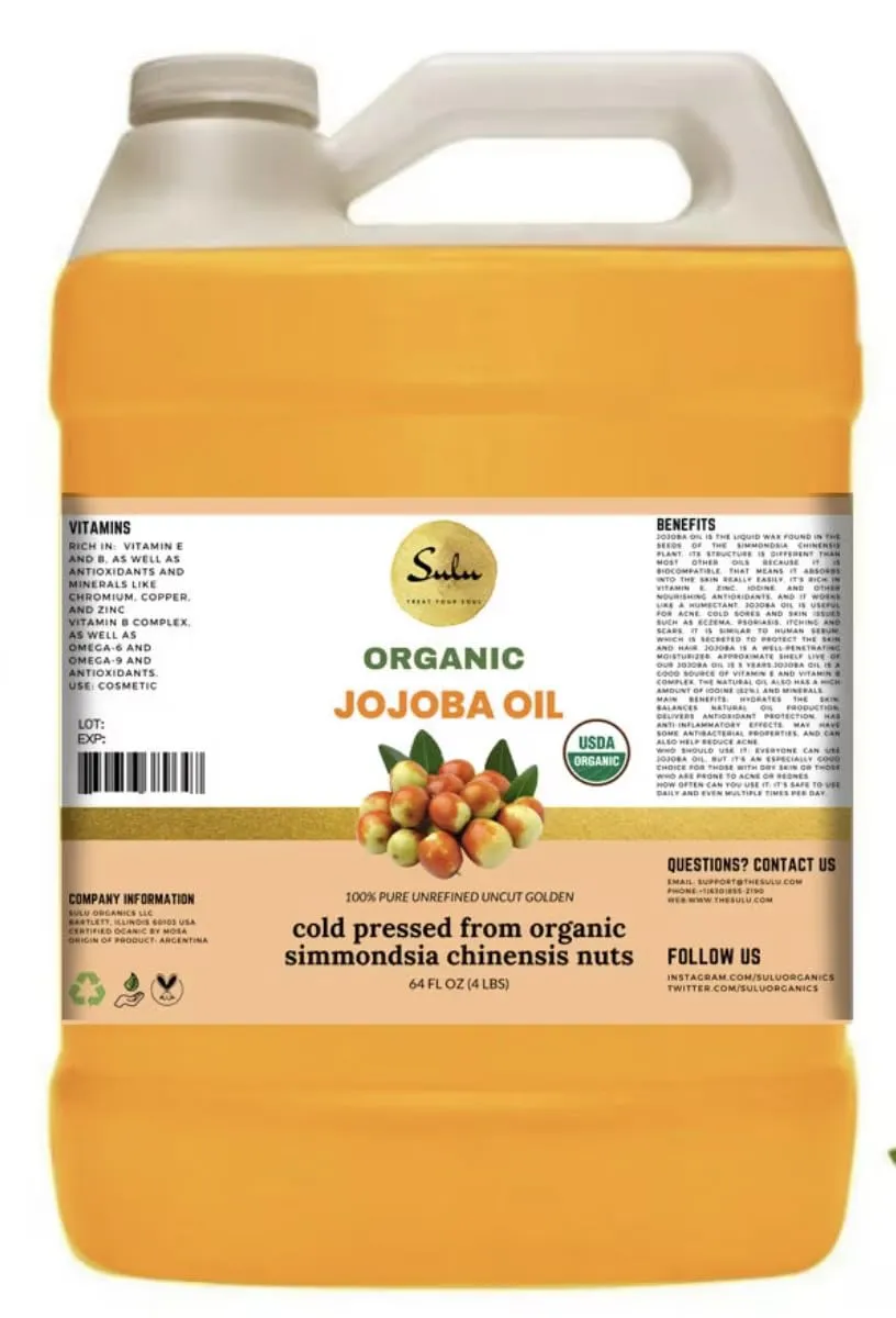 SULU Certified Organic Cold Pressed Unrefined Raw Uncut Golden Jojoba Oil- 1 Gallon/128 fluid ounces
