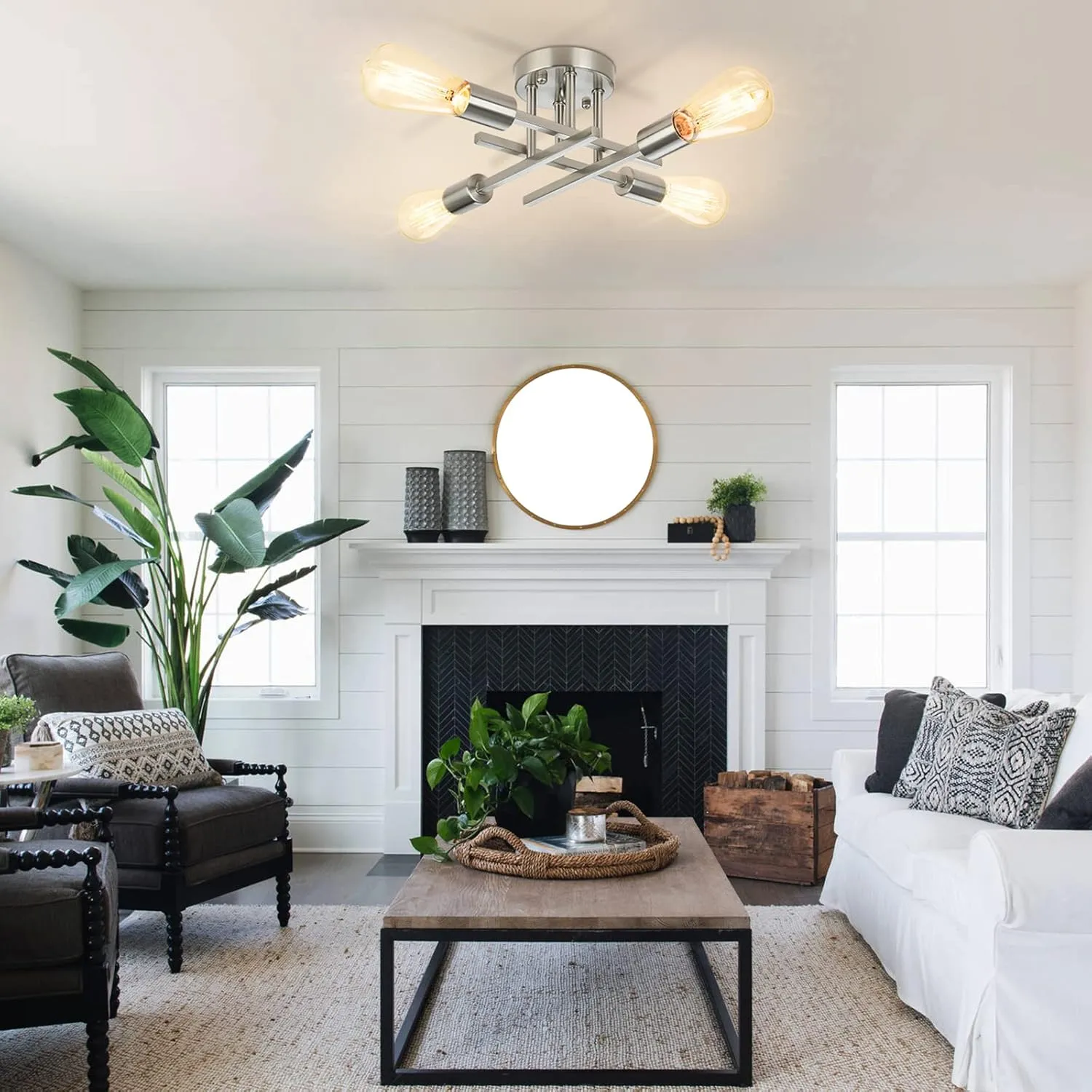 SunRider Industrial 4-Light Semi Flush Mount Ceiling Light Fixture, Brushed Nickel, Silver Farmhouse Sputnik Chandelier Pendant Lamp for Living Room
