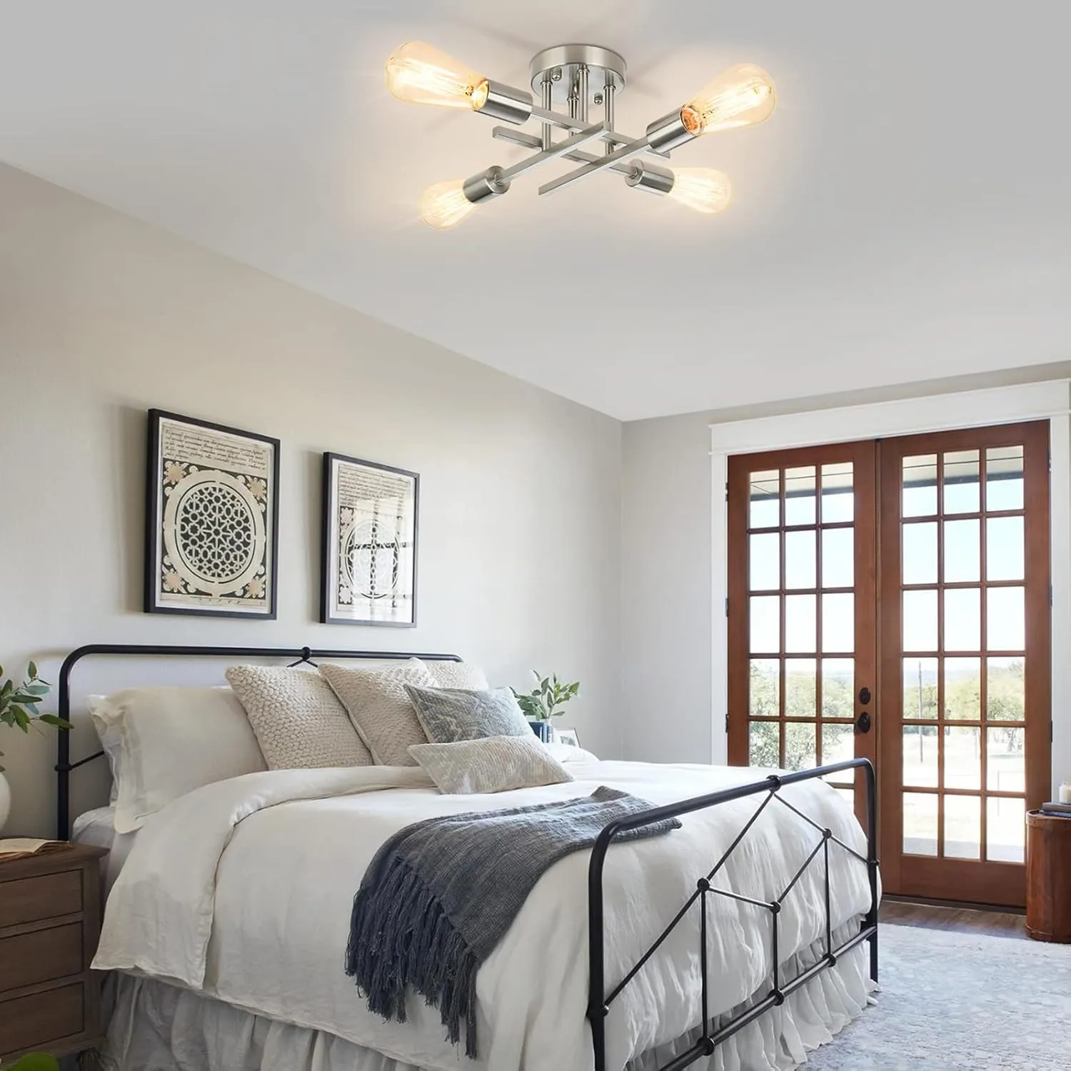 SunRider Industrial 4-Light Semi Flush Mount Ceiling Light Fixture, Brushed Nickel, Silver Farmhouse Sputnik Chandelier Pendant Lamp for Living Room