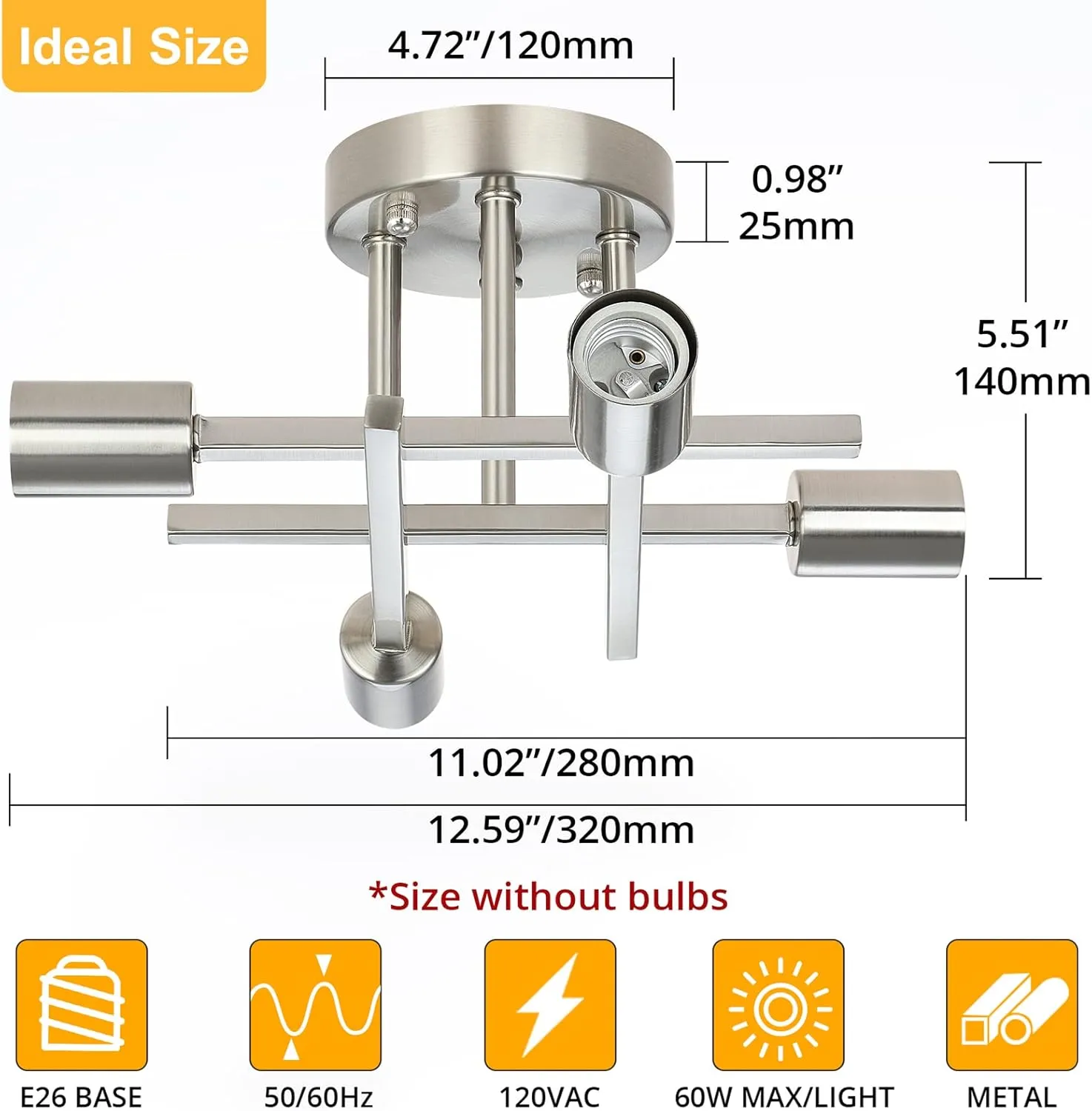SunRider Industrial 4-Light Semi Flush Mount Ceiling Light Fixture, Brushed Nickel, Silver Farmhouse Sputnik Chandelier Pendant Lamp for Living Room