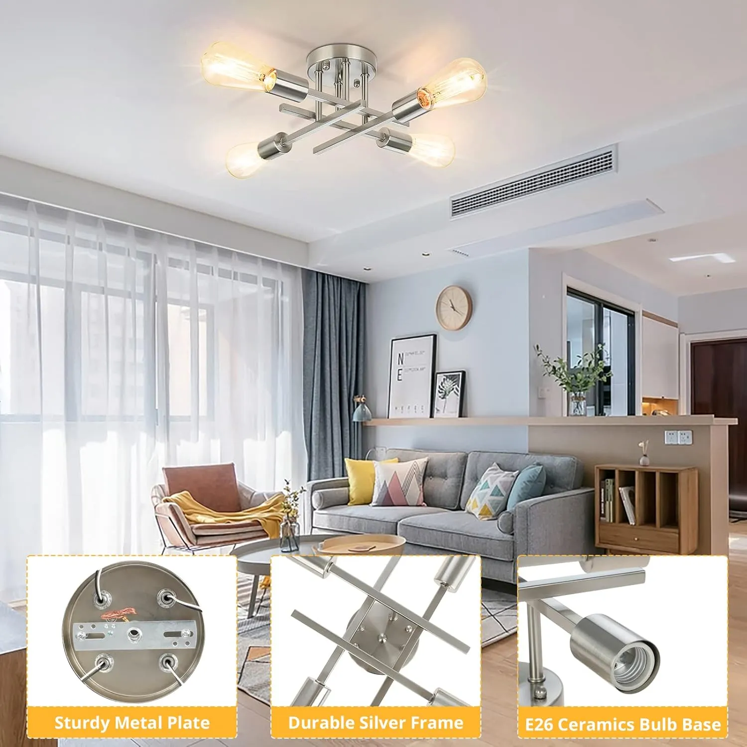 SunRider Industrial 4-Light Semi Flush Mount Ceiling Light Fixture, Brushed Nickel, Silver Farmhouse Sputnik Chandelier Pendant Lamp for Living Room
