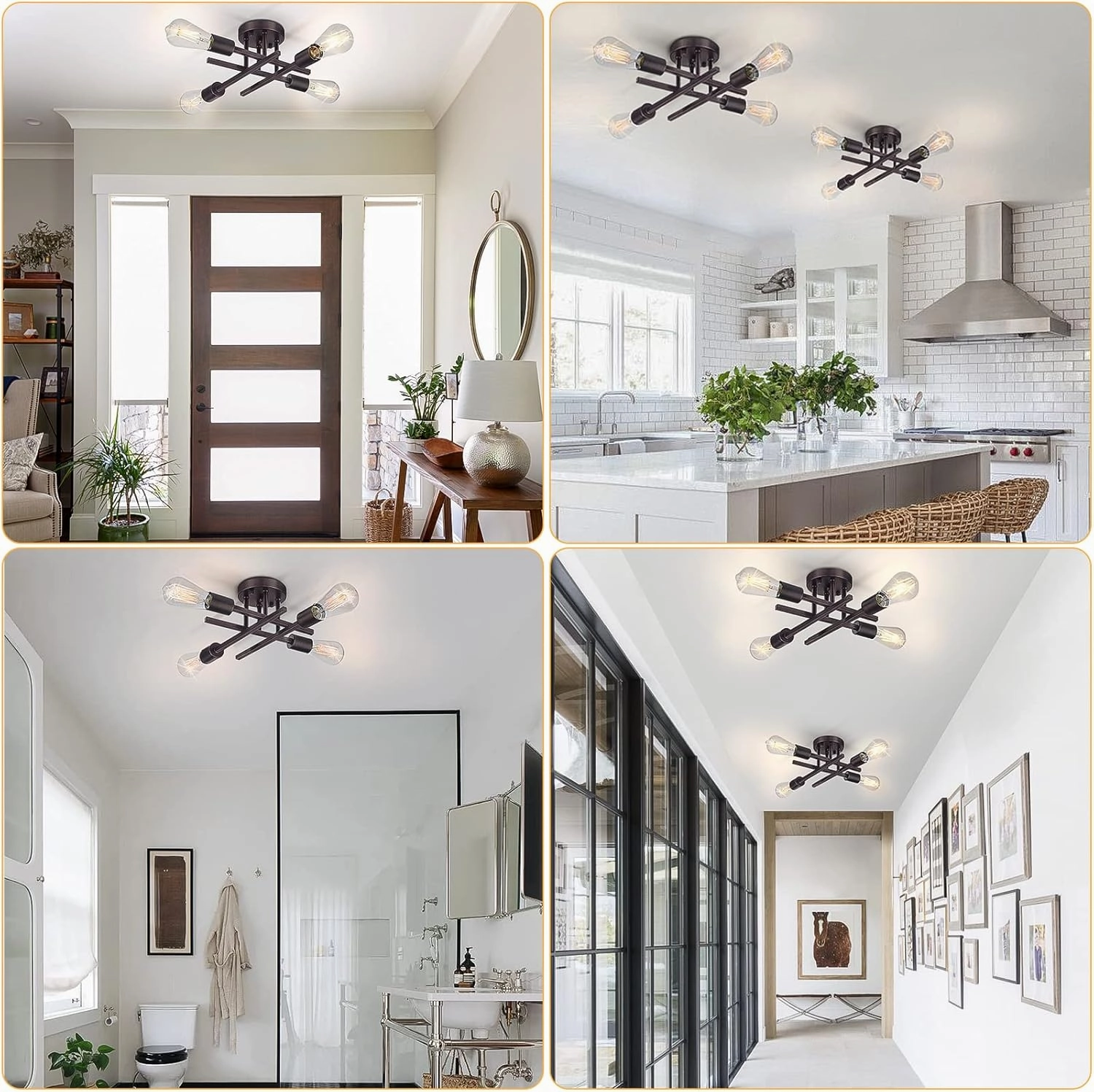 SunRider Industrial 4-Light Semi Flush Mount Ceiling Light Fixture, Bronze Farmhouse Ceiling Lights, Rustic Metal Sputnik Chandelier Lamp for Bedroom