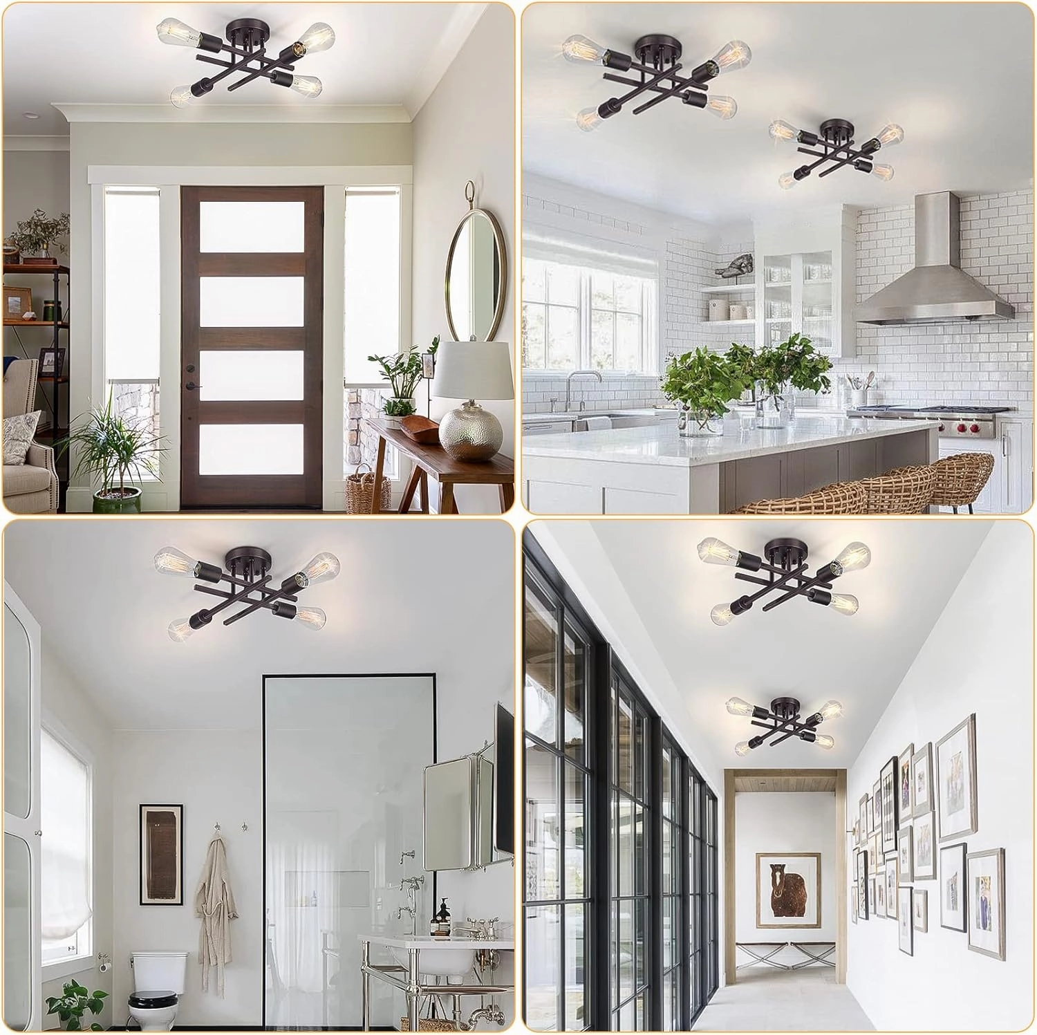 SunRider Industrial 4-Light Semi Flush Mount Ceiling Light Fixture, Bronze Farmhouse Ceiling Lights, Rustic Metal Sputnik Chandelier Lamp for Bedroom