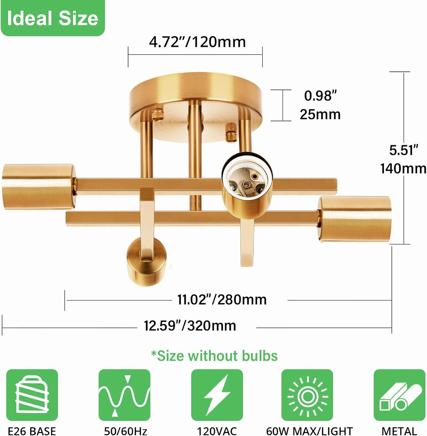 SunRider Industrial 4-Light Semi Flush Mount Ceiling Light Fixture, Modern Lighting Brushed Golden, Rustic Sputnik Chandelier for Kitchen Living Room