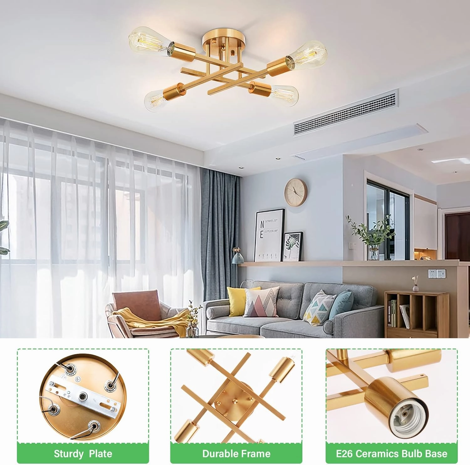 SunRider Industrial 4-Light Semi Flush Mount Ceiling Light Fixture, Modern Lighting Brushed Golden, Rustic Sputnik Chandelier for Kitchen Living Room