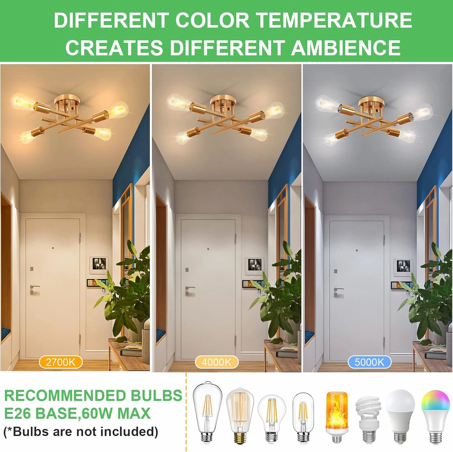 SunRider Industrial 4-Light Semi Flush Mount Ceiling Light Fixture, Modern Lighting Brushed Golden, Rustic Sputnik Chandelier for Kitchen Living Room