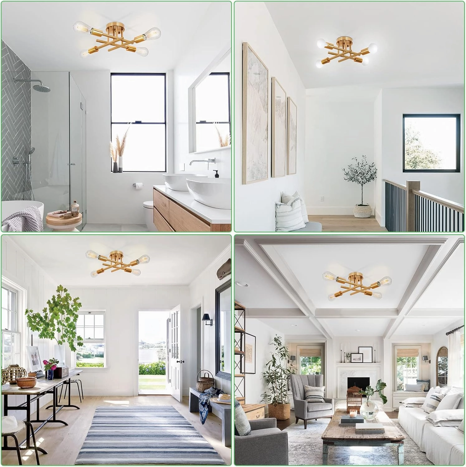 SunRider Industrial 4-Light Semi Flush Mount Ceiling Light Fixture, Modern Lighting Brushed Golden, Rustic Sputnik Chandelier for Kitchen Living Room
