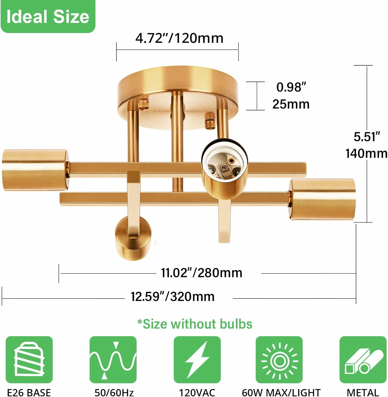 SunRider Industrial 4-Light Semi Flush Mount Ceiling Light Fixture, Modern Lighting Brushed Golden, Rustic Sputnik Chandelier for Kitchen Living Room