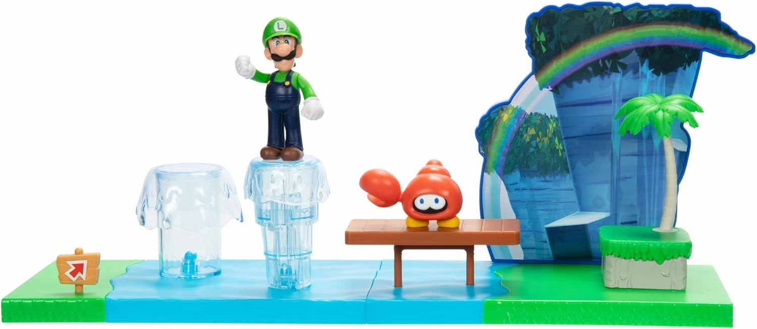 Super Mario Sparkling Waters Action Figures Playset Includes 2.5 Inch Luigi & Red Huckit Crab with Interactive Pieces