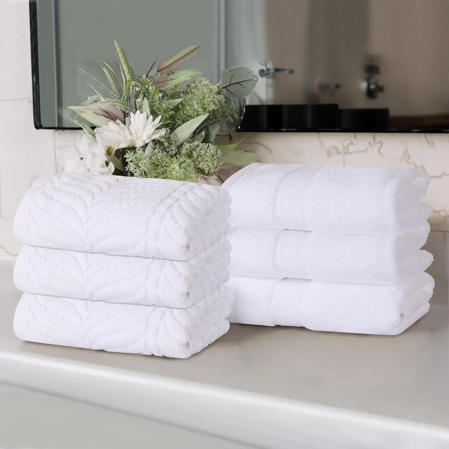 Superior Cotton Chevron Hand Towel Set, Zero Twist, Quick Dry, Small Towels, Absorbent Bathroom Basics, Home Essentials, Spa, Salon, Hotel, Kitchen, Luxury Quick Drying, Assorted Set of 6, White