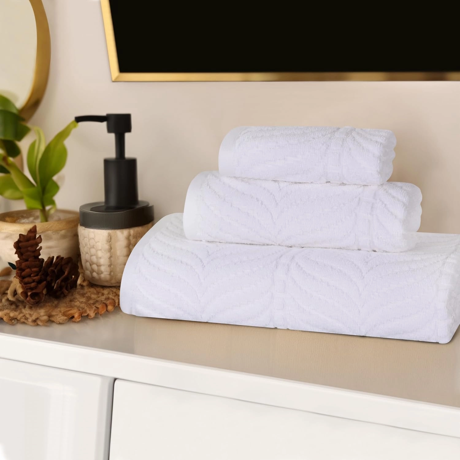 Superior Cotton Chevron 3 Piece Towel Set, Zero Twist, Quick Dry, Home Essentials, Shower, Spa, Luxury Plush Soft Absorbent Towels, Includes 1 Bath, 1 Hand, 1 Washcloth/Face Towel, Jacquard, White