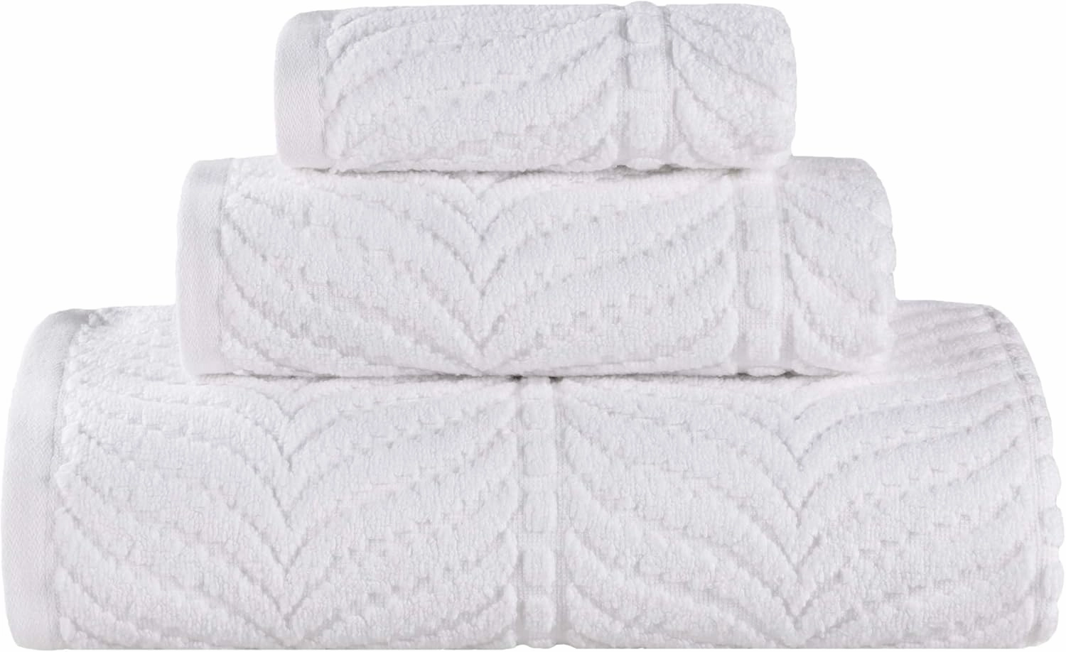 Superior Cotton Chevron 3 Piece Towel Set, Zero Twist, Quick Dry, Home Essentials, Shower, Spa, Luxury Plush Soft Absorbent Towels, Includes 1 Bath, 1 Hand, 1 Washcloth/Face Towel, Jacquard, White