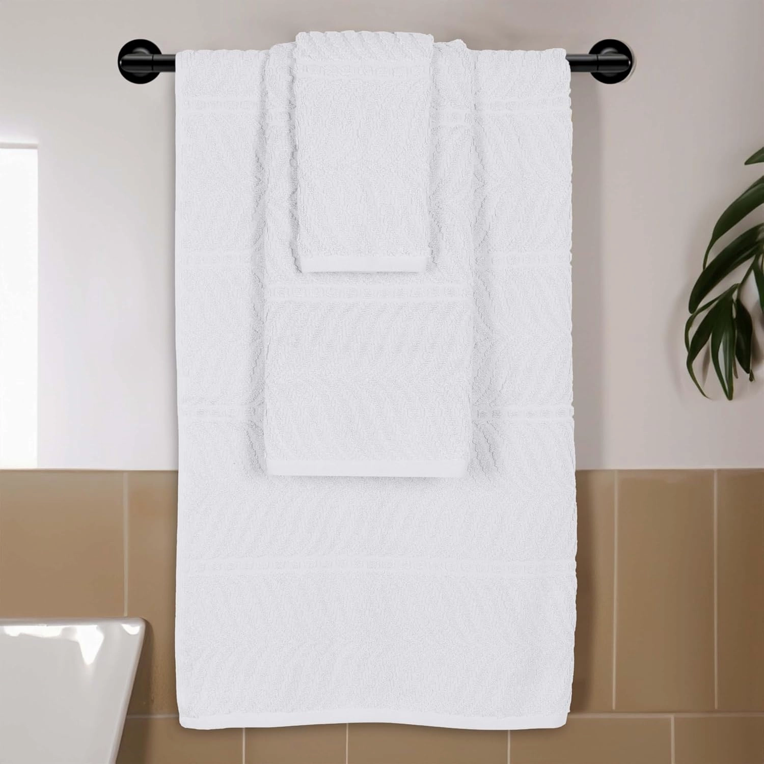 Superior Cotton Chevron 3 Piece Towel Set, Zero Twist, Quick Dry, Home Essentials, Shower, Spa, Luxury Plush Soft Absorbent Towels, Includes 1 Bath, 1 Hand, 1 Washcloth/Face Towel, Jacquard, White