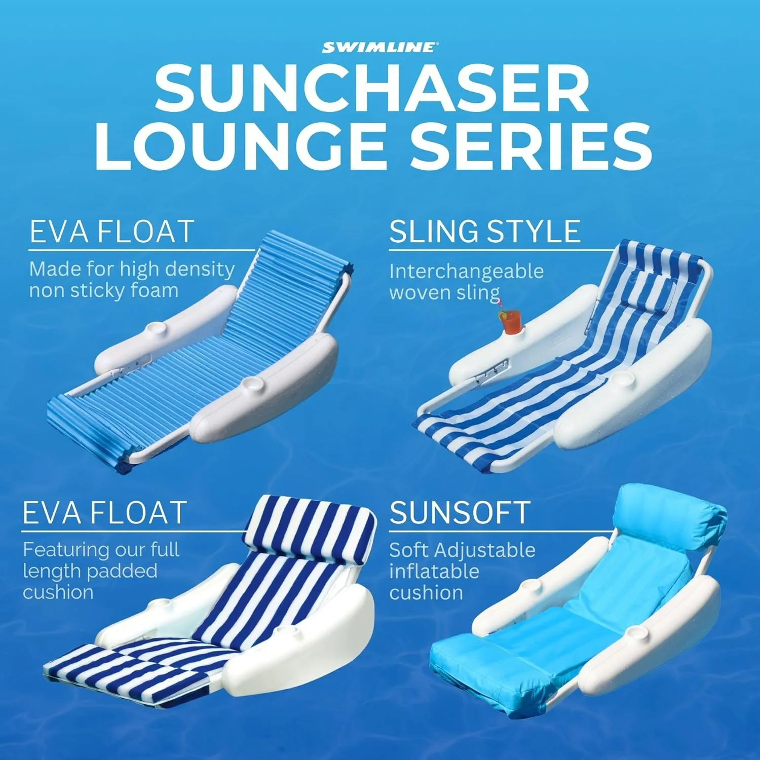 SWIMLINE ORIGINAL 10010M Sunchaser Padded Luxury Lounge Chair Pool Float | Molded Frame & Pontoon Design | Pool Floats Adult | Pool Lounger | Pool Accessories | Pool Chairs and Lounges For In Pool