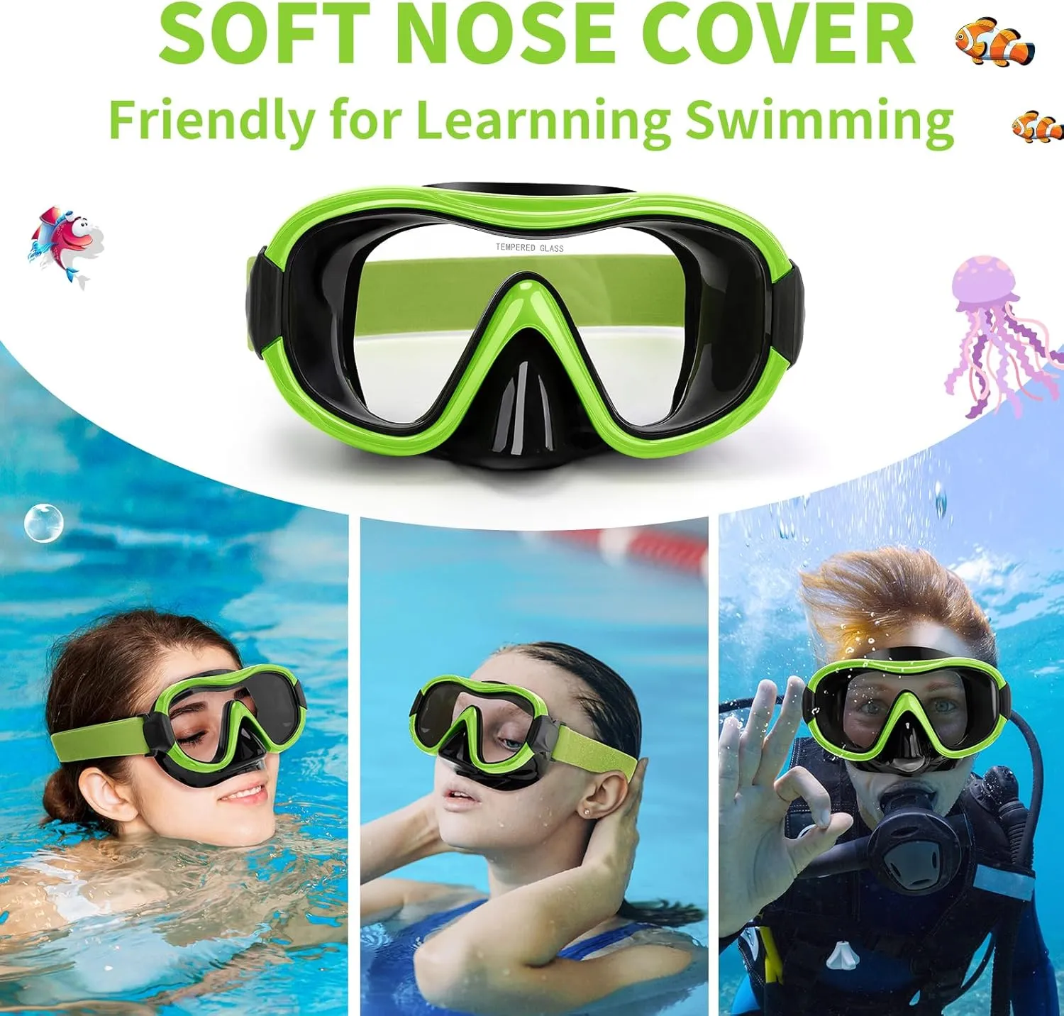 Swimming Goggles Scuba Snorkeling Mask for Adults, Adjustable Elastic Knitted Strap Swim Goggles, Tempered Glass with Panoramic Scuba Snorkel Diving Mask for Adults