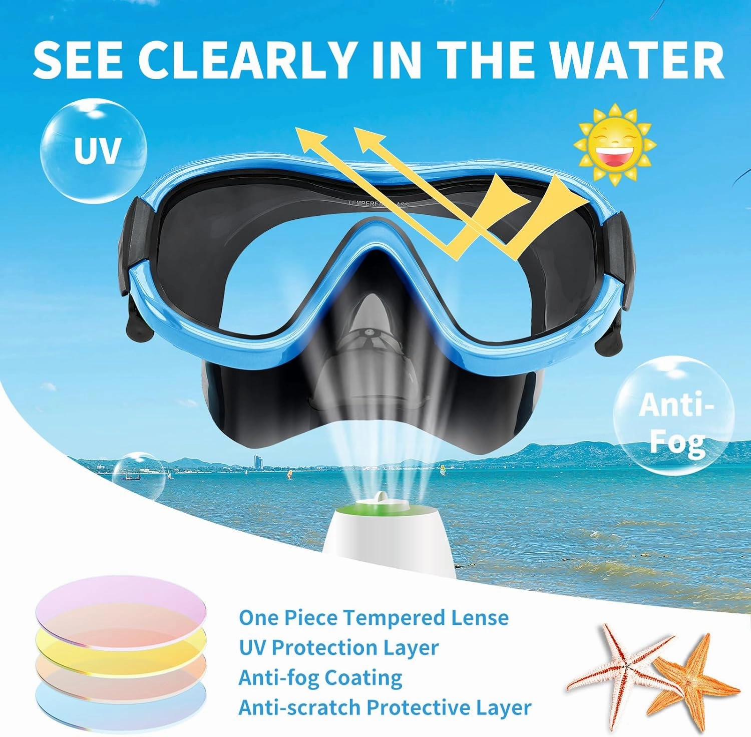 Swimming Goggles Scuba Snorkeling Mask for Adults, Adjustable Elastic Knitted Strap Swim Goggles, Tempered Glass with Panoramic Scuba Snorkel Diving Mask for Adults