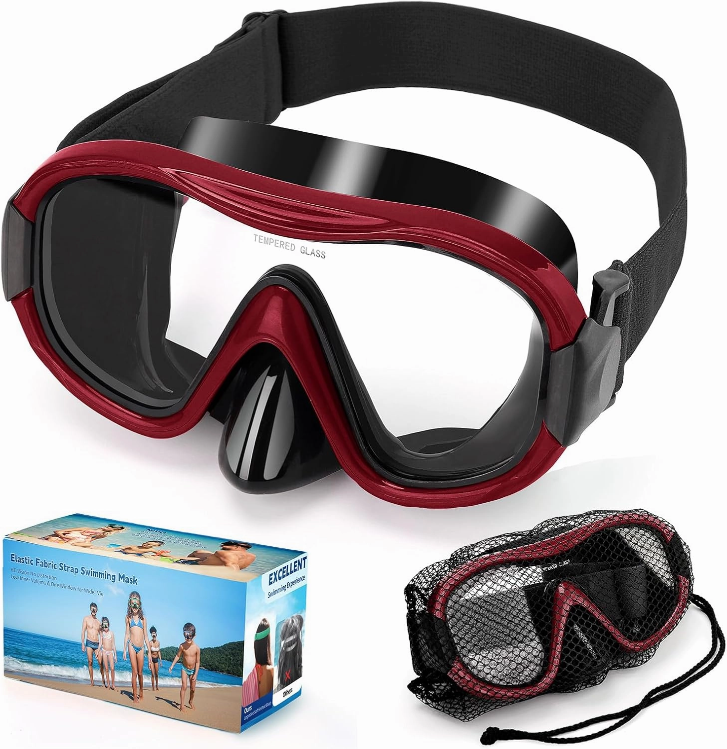 Swimming Goggles Scuba Snorkeling Mask for Adults, Adjustable Elastic Knitted Strap Swim Goggles, Tempered Glass with Panoramic Scuba Snorkel Diving Mask for Adults