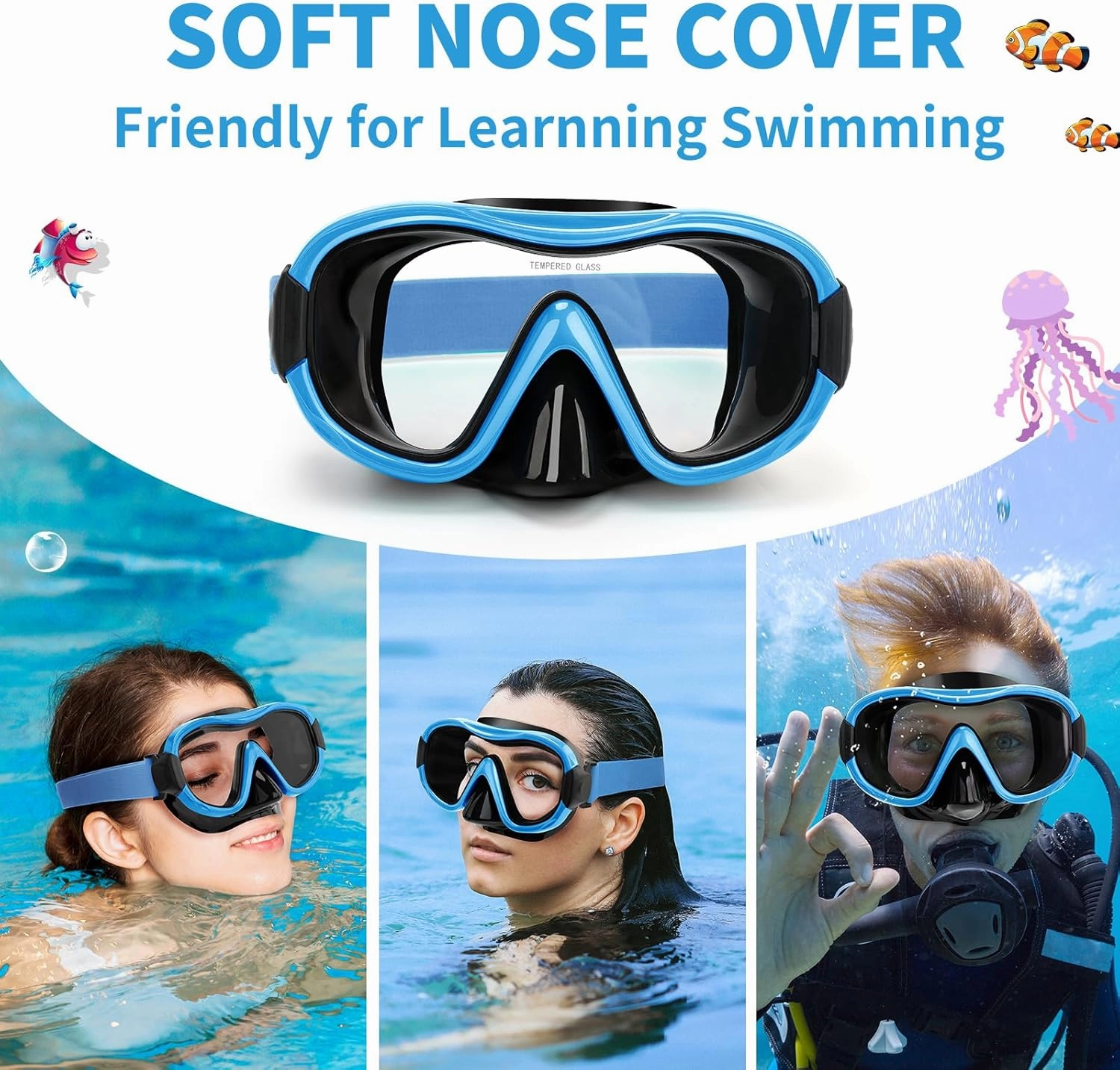 Swimming Goggles Scuba Snorkeling Mask for Adults, Adjustable Elastic Knitted Strap Swim Goggles, Tempered Glass with Panoramic Scuba Snorkel Diving Mask for Adults