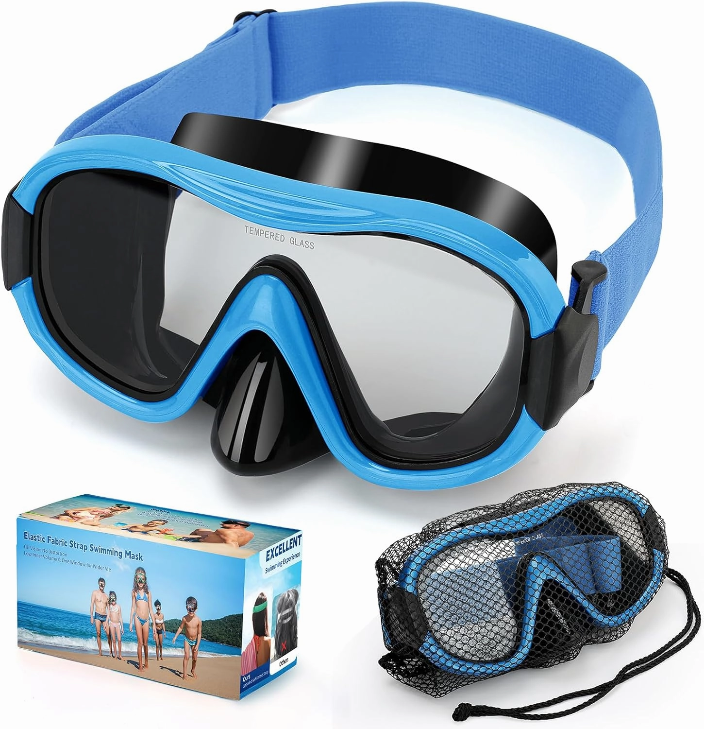 Swimming Goggles Scuba Snorkeling Mask for Adults, Adjustable Elastic Knitted Strap Swim Goggles, Tempered Glass with Panoramic Scuba Snorkel Diving Mask for Adults