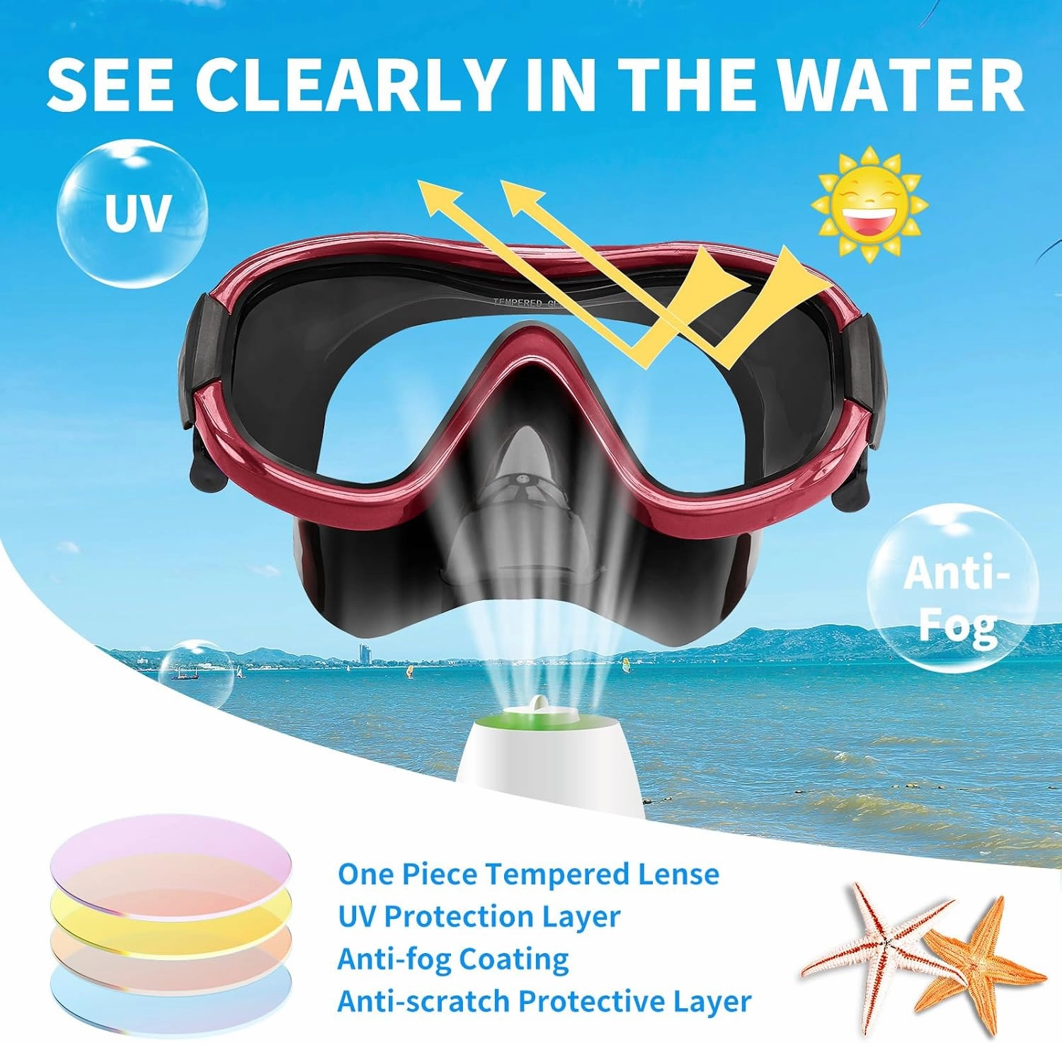 Swimming Goggles Scuba Snorkeling Mask for Adults, Adjustable Elastic Knitted Strap Swim Goggles, Tempered Glass with Panoramic Scuba Snorkel Diving Mask for Adults