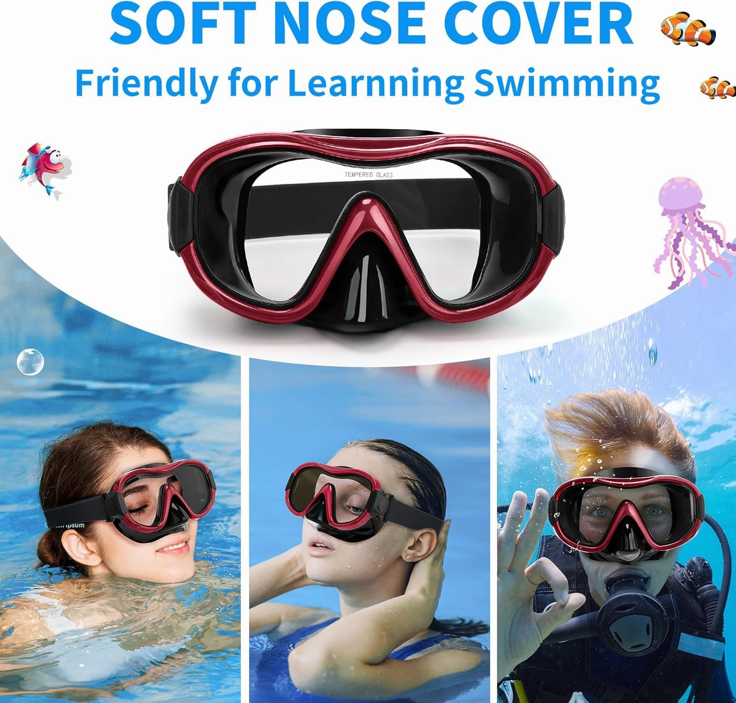 Swimming Goggles Scuba Snorkeling Mask for Adults, Adjustable Elastic Knitted Strap Swim Goggles, Tempered Glass with Panoramic Scuba Snorkel Diving Mask for Adults