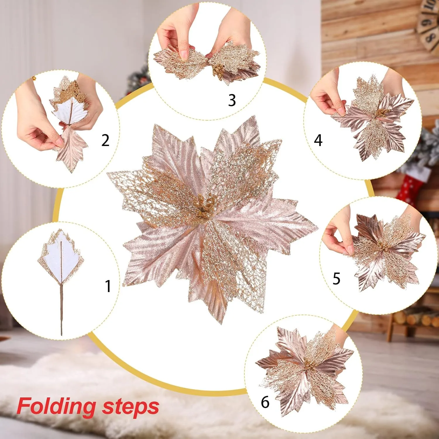 Syhood Christmas Tree Topper Decorations 34x12 Inch Large Christmas Bows Tree Ornaments and 24 Pcs Christmas Tree Flowers for Christmas Holiday Party Decorative(Rose Gold)