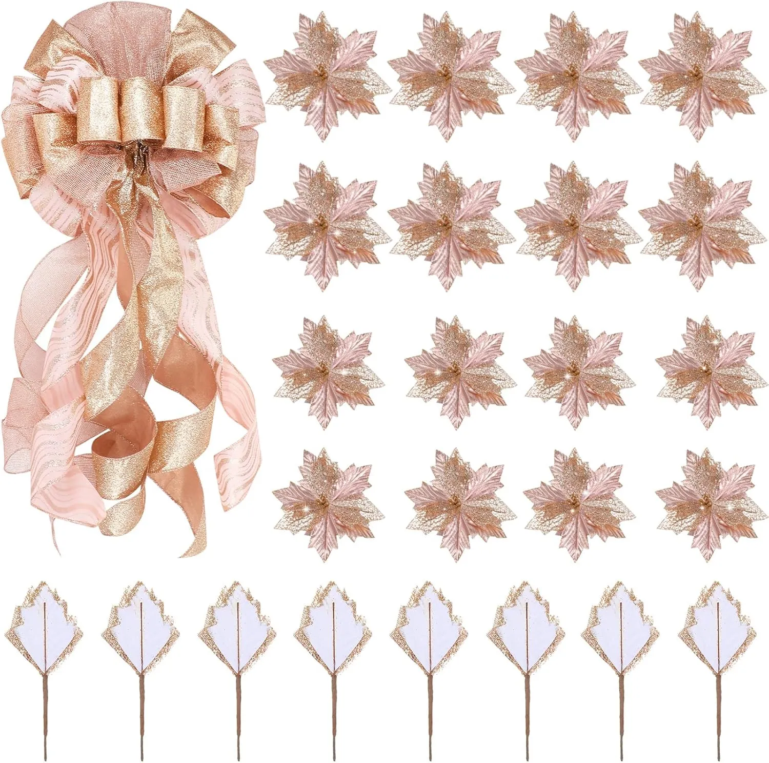 Syhood Christmas Tree Topper Decorations 34x12 Inch Large Christmas Bows Tree Ornaments and 24 Pcs Christmas Tree Flowers for Christmas Holiday Party Decorative(Rose Gold)