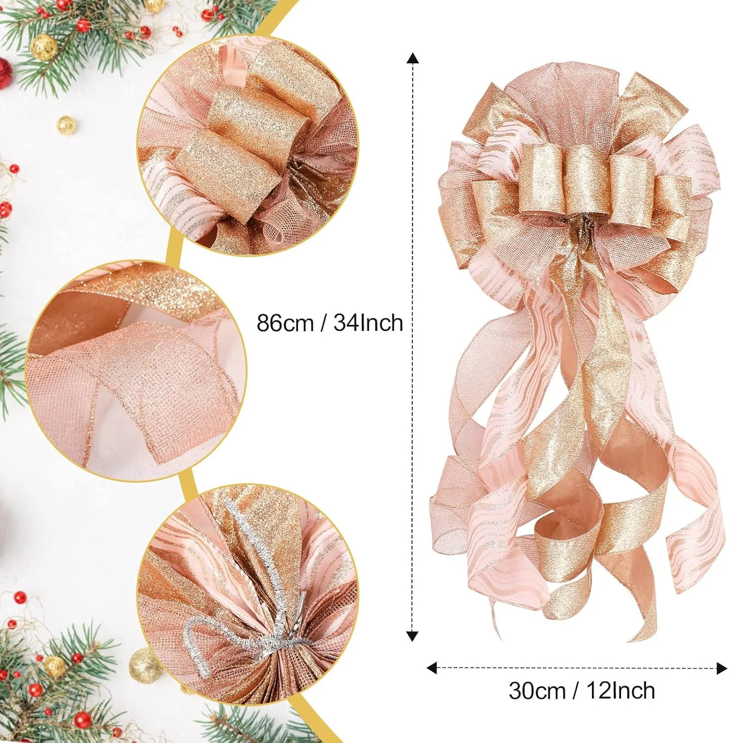 Syhood Christmas Tree Topper Decorations 34x12 Inch Large Christmas Bows Tree Ornaments and 24 Pcs Christmas Tree Flowers for Christmas Holiday Party Decorative(Rose Gold)