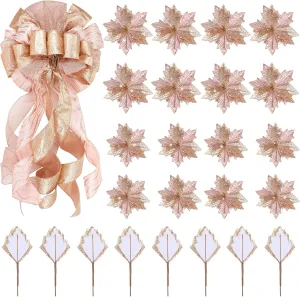 Syhood Christmas Tree Topper Decorations 34x12 Inch Large Christmas Bows Tree Ornaments and 24 Pcs Christmas Tree Flowers for Christmas Holiday Party Decorative(Rose Gold)