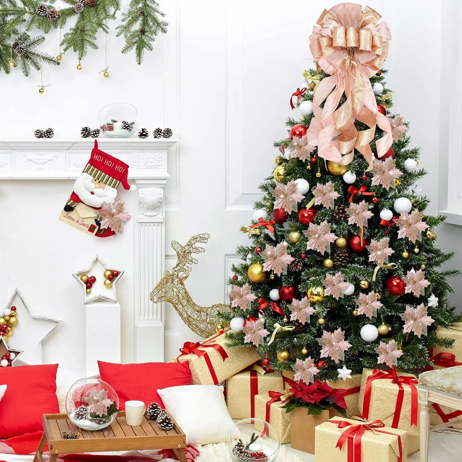 Syhood Christmas Tree Topper Decorations 34x12 Inch Large Christmas Bows Tree Ornaments and 24 Pcs Christmas Tree Flowers for Christmas Holiday Party Decorative(Rose Gold)