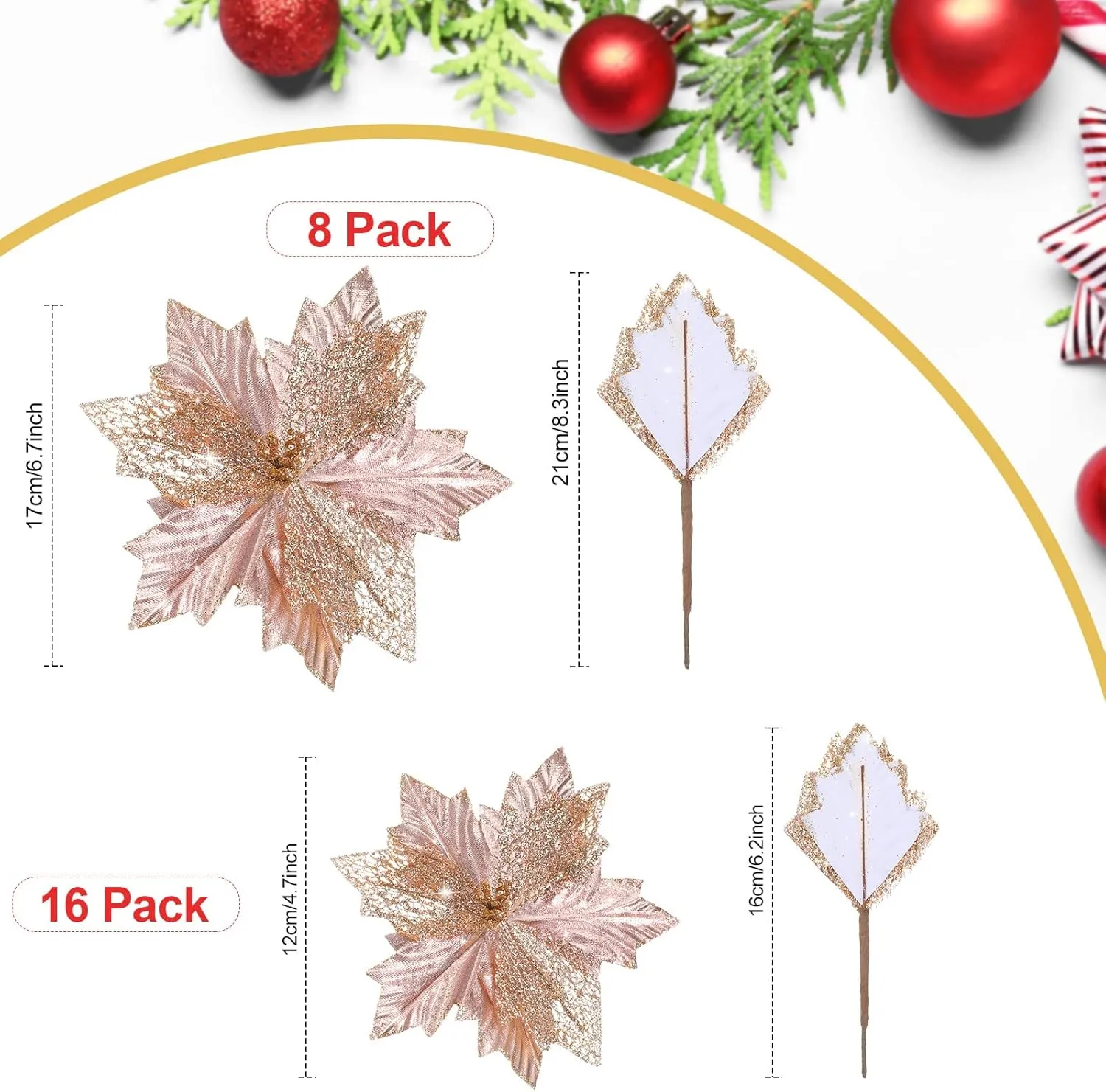 Syhood Christmas Tree Topper Decorations 34x12 Inch Large Christmas Bows Tree Ornaments and 24 Pcs Christmas Tree Flowers for Christmas Holiday Party Decorative(Rose Gold)