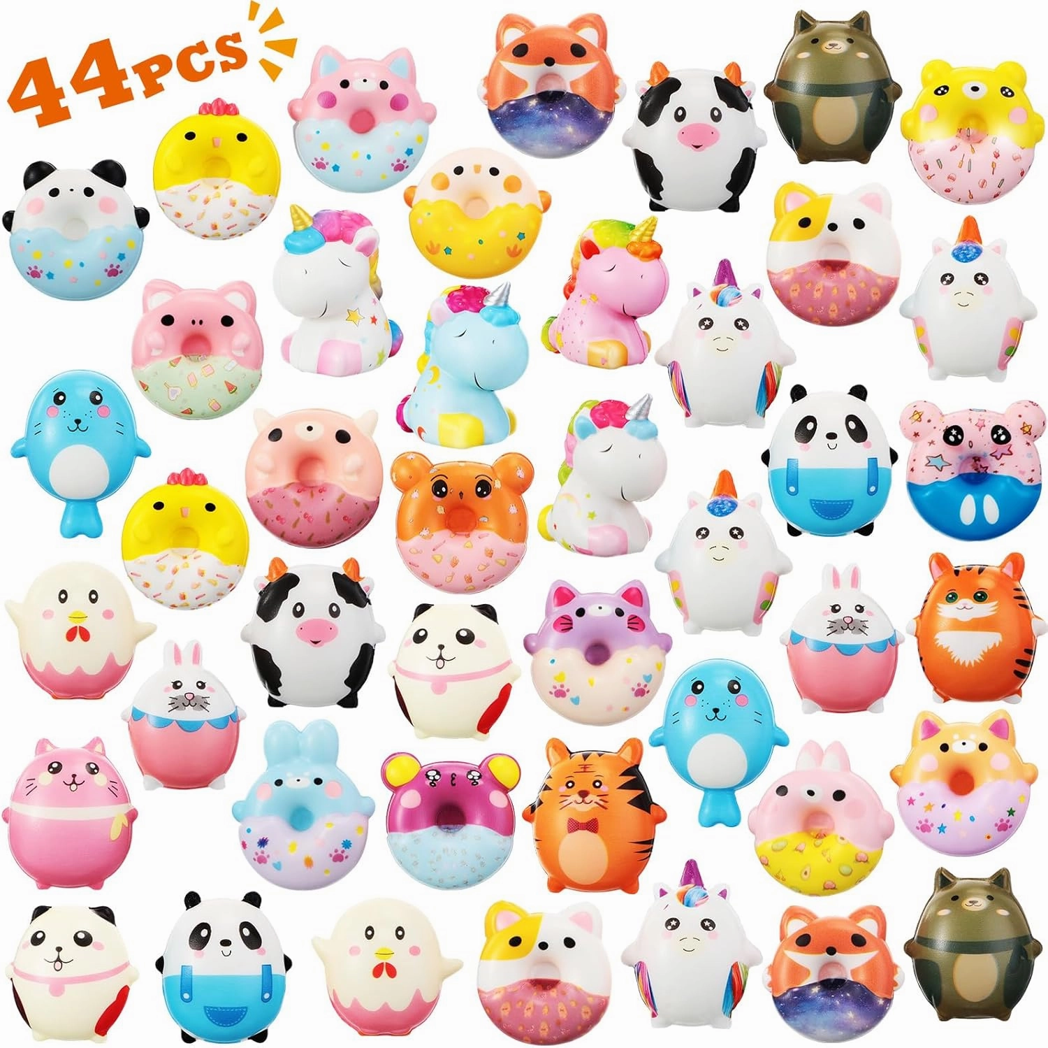 Syhood 44 Pcs Slow Rising Animal Donut Squeeze Stress Mini Stress Ball Relief Toys Miniature Squeeze Novelty Toy for Classroom Prize Party Favor Goodie Bag Filler Easter Egg Stuffer Rich Random Styles