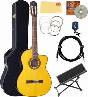 Takamine GC5CE Classical Cutaway Acoustic-Electric Guitar, Left Handed - Natural Bundle with Hard Case, Cable, Tuner, Strings, Foot Stool, Austin Bazaar Instructional DVD, and Polishing Cloth