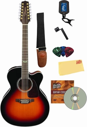 Takamine GJ72CE-12 Jumbo Cutaway 12 String Acoustic-Electric Guitar - Brown Sunburst Bundle with Tuner, String Winder, Strap, Picks, Instructional DVD, and Austin Bazaar Polishing Cloth