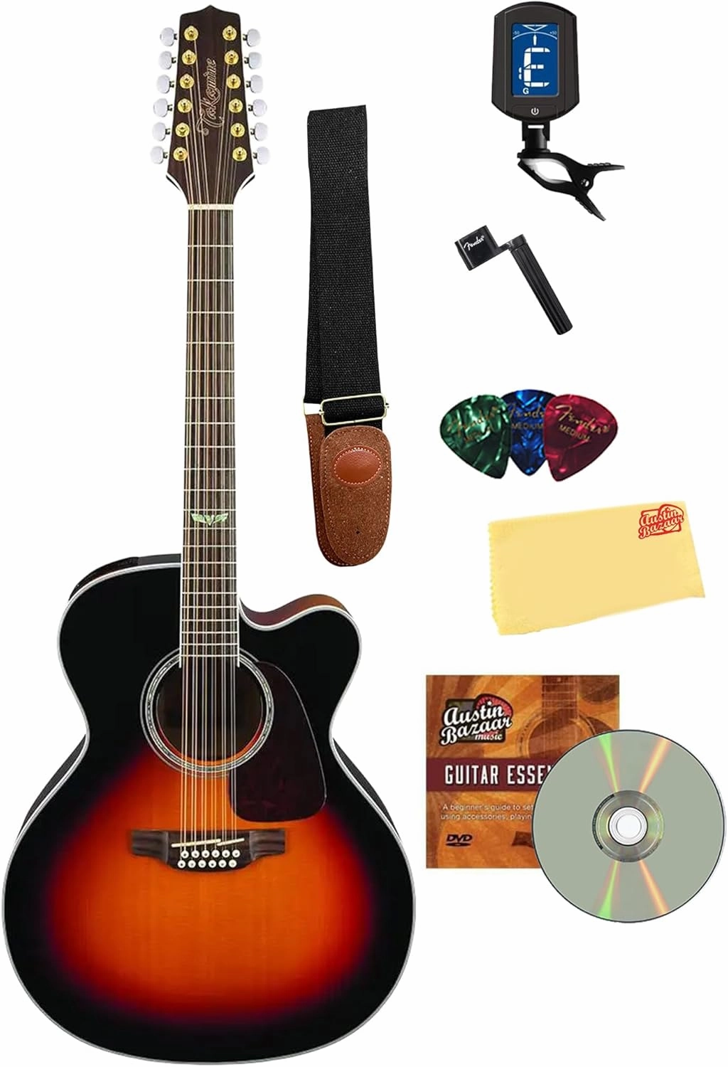 Takamine GJ72CE-12 Jumbo Cutaway 12 String Acoustic-Electric Guitar - Brown Sunburst Bundle with Tuner, String Winder, Strap, Picks, Instructional DVD, and Austin Bazaar Polishing Cloth