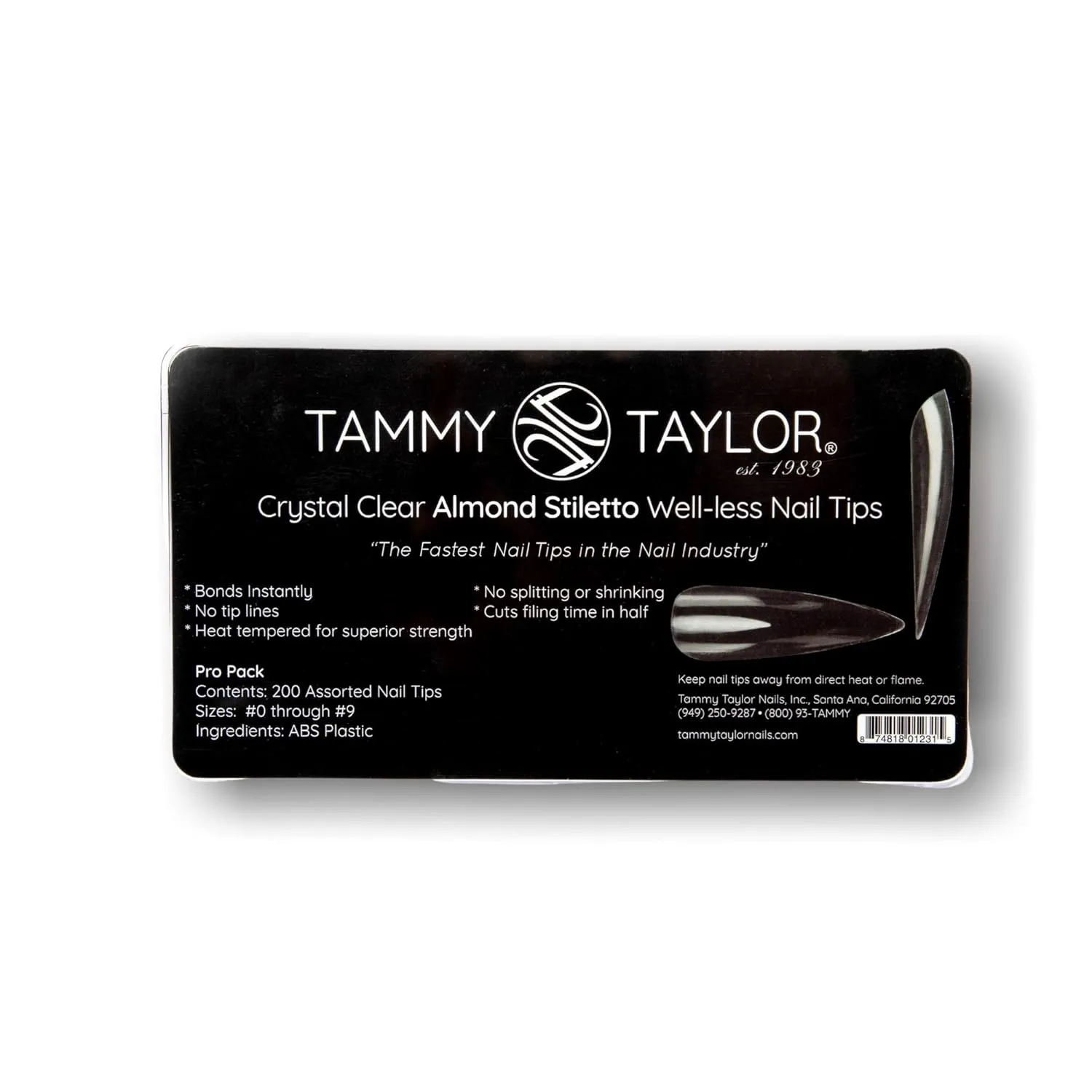 Tammy Taylor Stiletto Acrylic Nail Tip Extensions | Tapered Full Coverage, Natural Lightweight, Long Lasting, Professional C Curve Clear Nail Tips | Press on Nails Almond Stiletto Style | 200ct