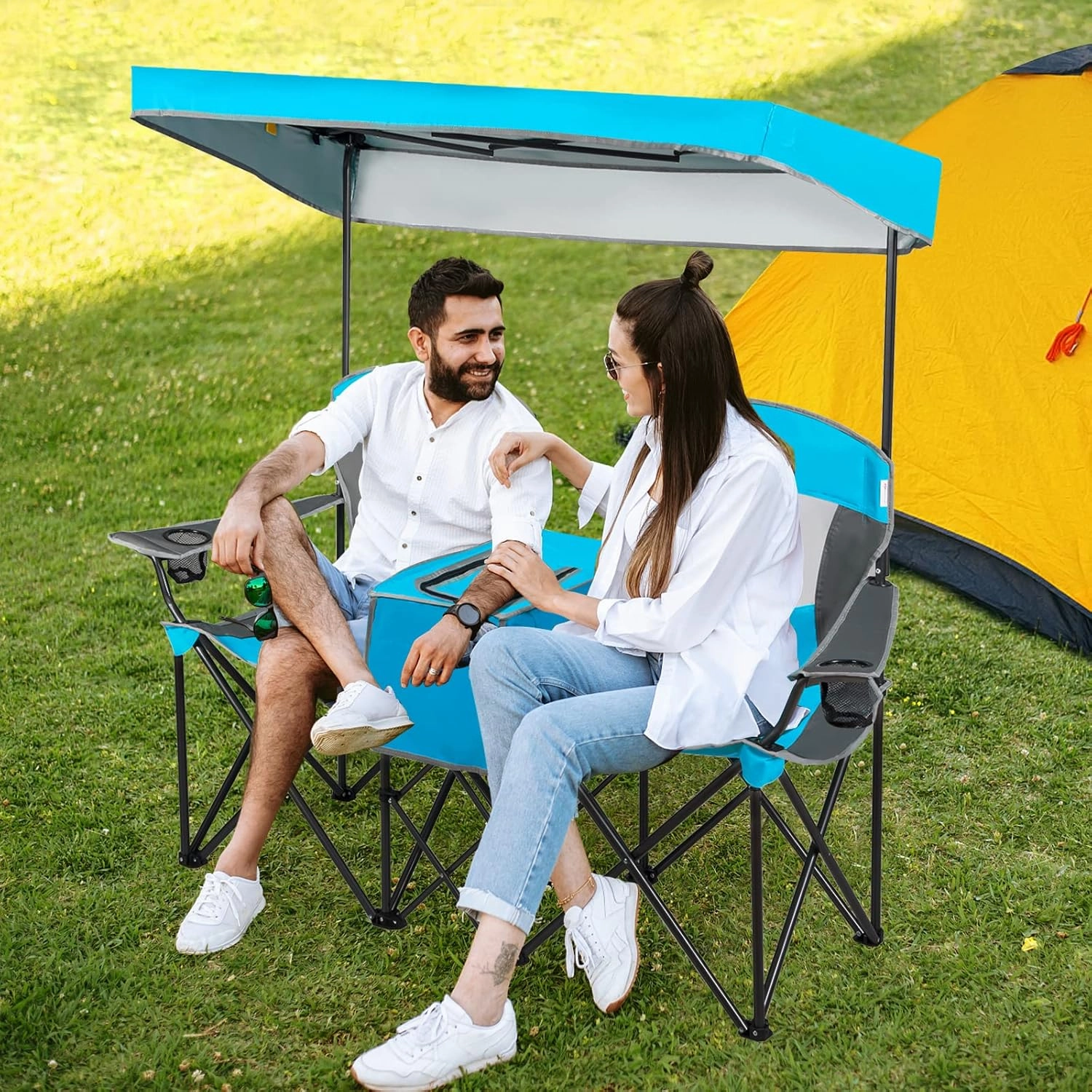 Tangkula Loveseat Camping Chair with Adjustable Shade Canopy, Portable Beach Chair with Cooler Bag, 2 Cup Holders, Carrying Bag, Foldable Double Lawn Chair for Travel, Fishing, Picnic (Blue)