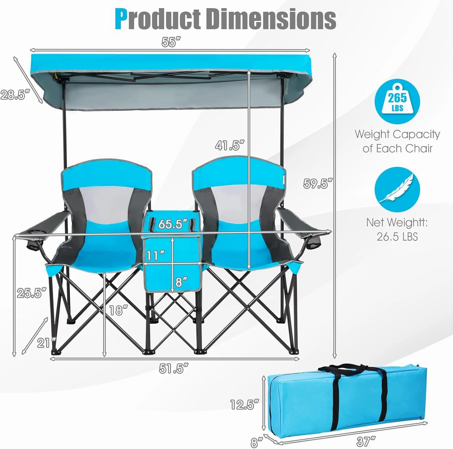Tangkula Loveseat Camping Chair with Adjustable Shade Canopy, Portable Beach Chair with Cooler Bag, 2 Cup Holders, Carrying Bag, Foldable Double Lawn Chair for Travel, Fishing, Picnic (Blue)