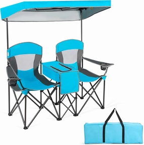 Tangkula Loveseat Camping Chair with Adjustable Shade Canopy, Portable Beach Chair with Cooler Bag, 2 Cup Holders, Carrying Bag, Foldable Double Lawn Chair for Travel, Fishing, Picnic (Blue)