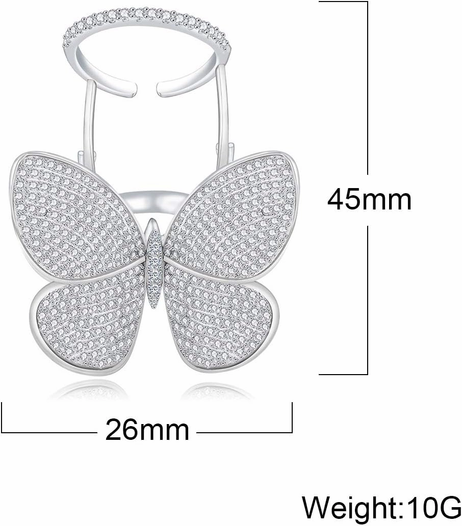 TEMICO Moving and Flying Butterfly CZ Paved Platinum Plated Fashion Party Cocktail Ring Wide Band for Women