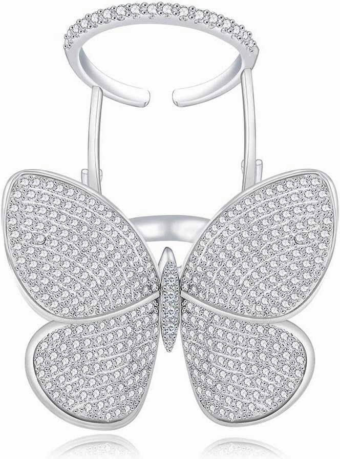 TEMICO Moving and Flying Butterfly CZ Paved Platinum Plated Fashion Party Cocktail Ring Wide Band for Women