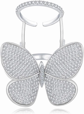 TEMICO Moving and Flying Butterfly CZ Paved Platinum Plated Fashion Party Cocktail Ring Wide Band for Women