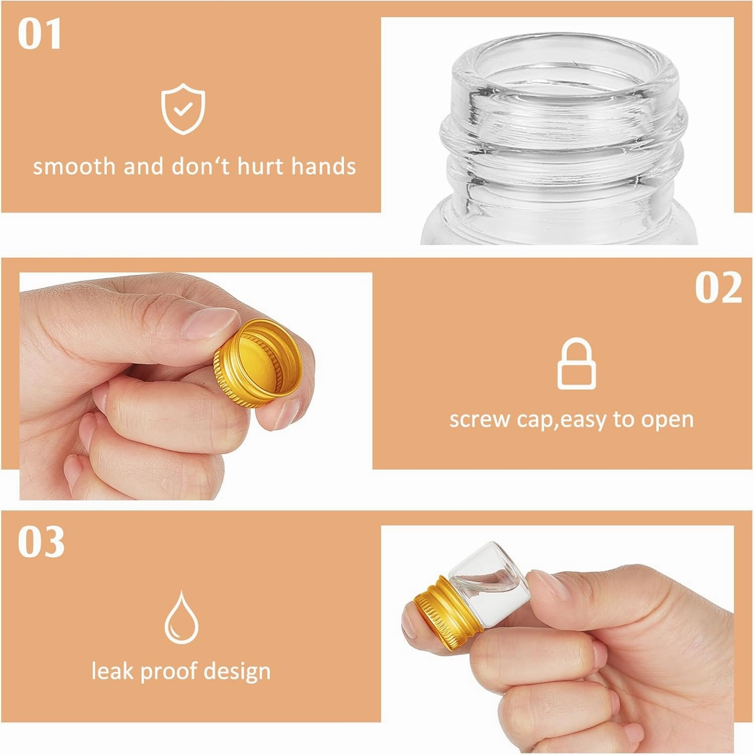 Tessco 100 Pcs 5 ml Mini Glass Bottles with Screw Caps Tiny Jars Empty Glass Vials with Aluminum Lids Small Powder Container for Cosmetic Sample Essential Oil Specimen DIY Craft Storage (Gold)