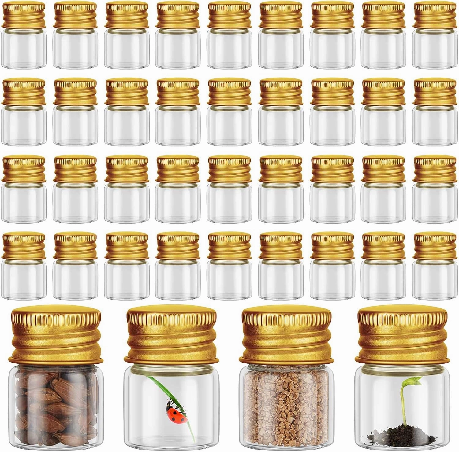 Tessco 100 Pcs 5 ml Mini Glass Bottles with Screw Caps Tiny Jars Empty Glass Vials with Aluminum Lids Small Powder Container for Cosmetic Sample Essential Oil Specimen DIY Craft Storage (Gold)