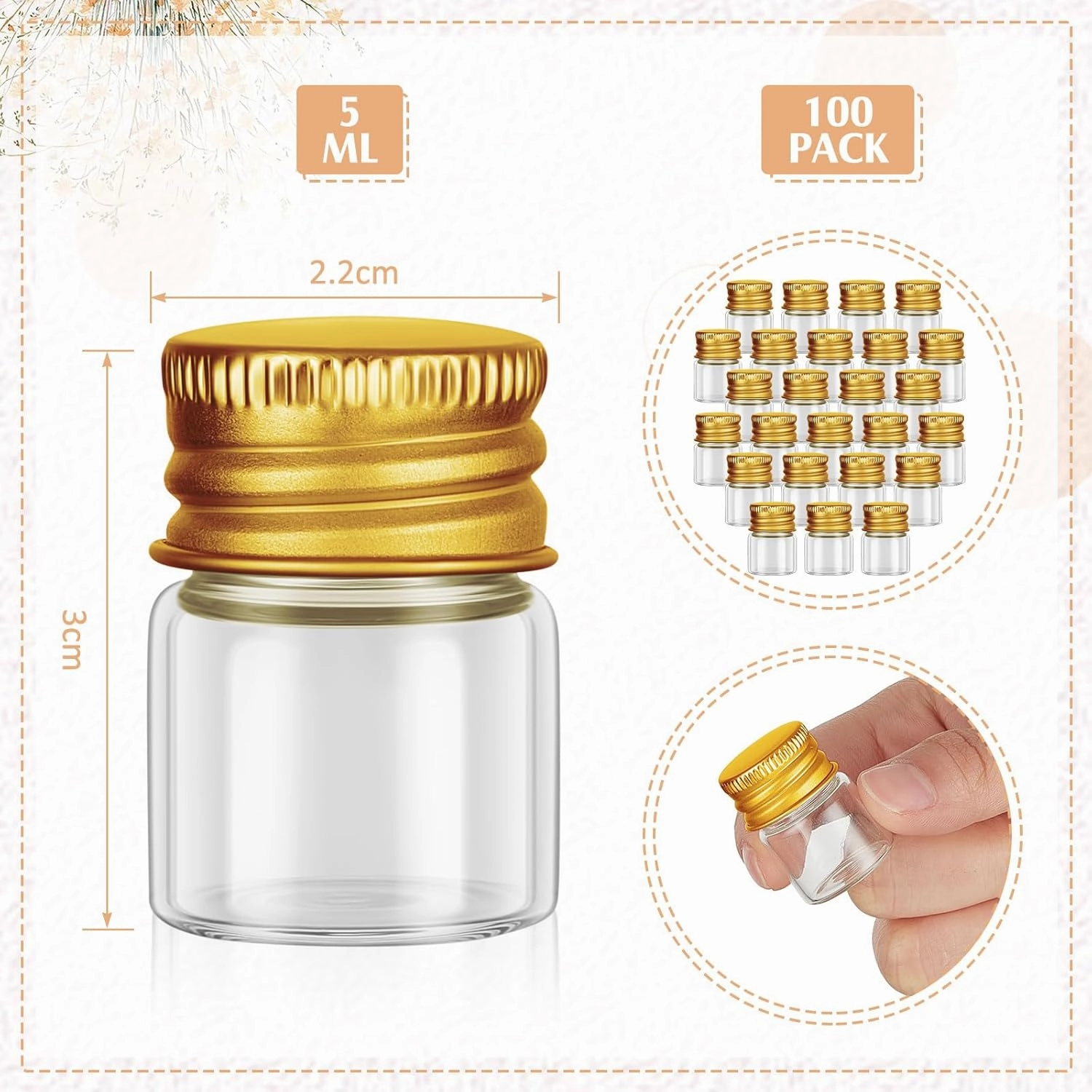 Tessco 100 Pcs 5 ml Mini Glass Bottles with Screw Caps Tiny Jars Empty Glass Vials with Aluminum Lids Small Powder Container for Cosmetic Sample Essential Oil Specimen DIY Craft Storage (Gold)