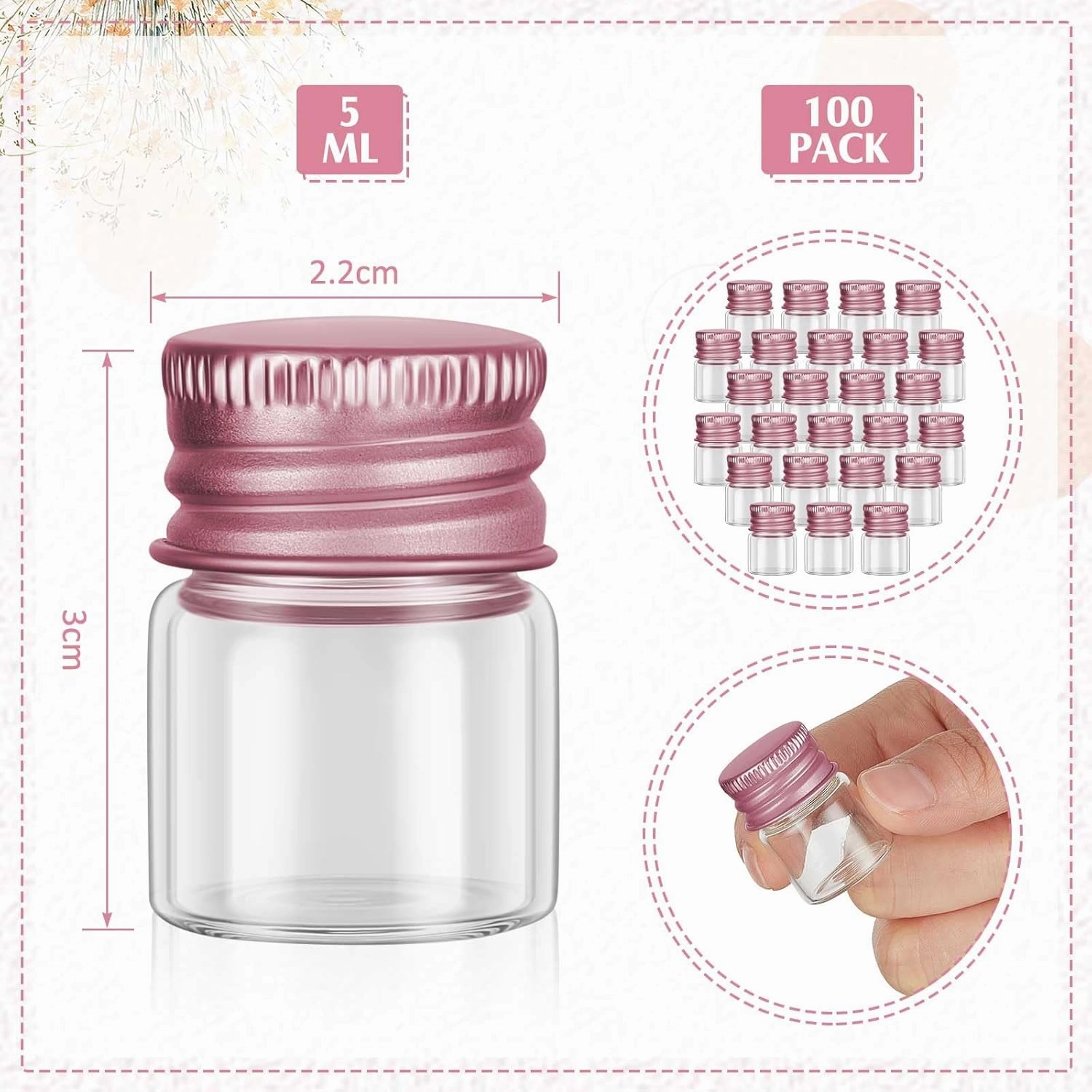 Tessco 100 Pcs 5 ml Mini Glass Bottles with Screw Caps Tiny Jars Empty Glass Vials with Aluminum Lids Small Powder Container for Cosmetic Sample Essential Oil Specimen DIY Craft Storage (Rose Gold)