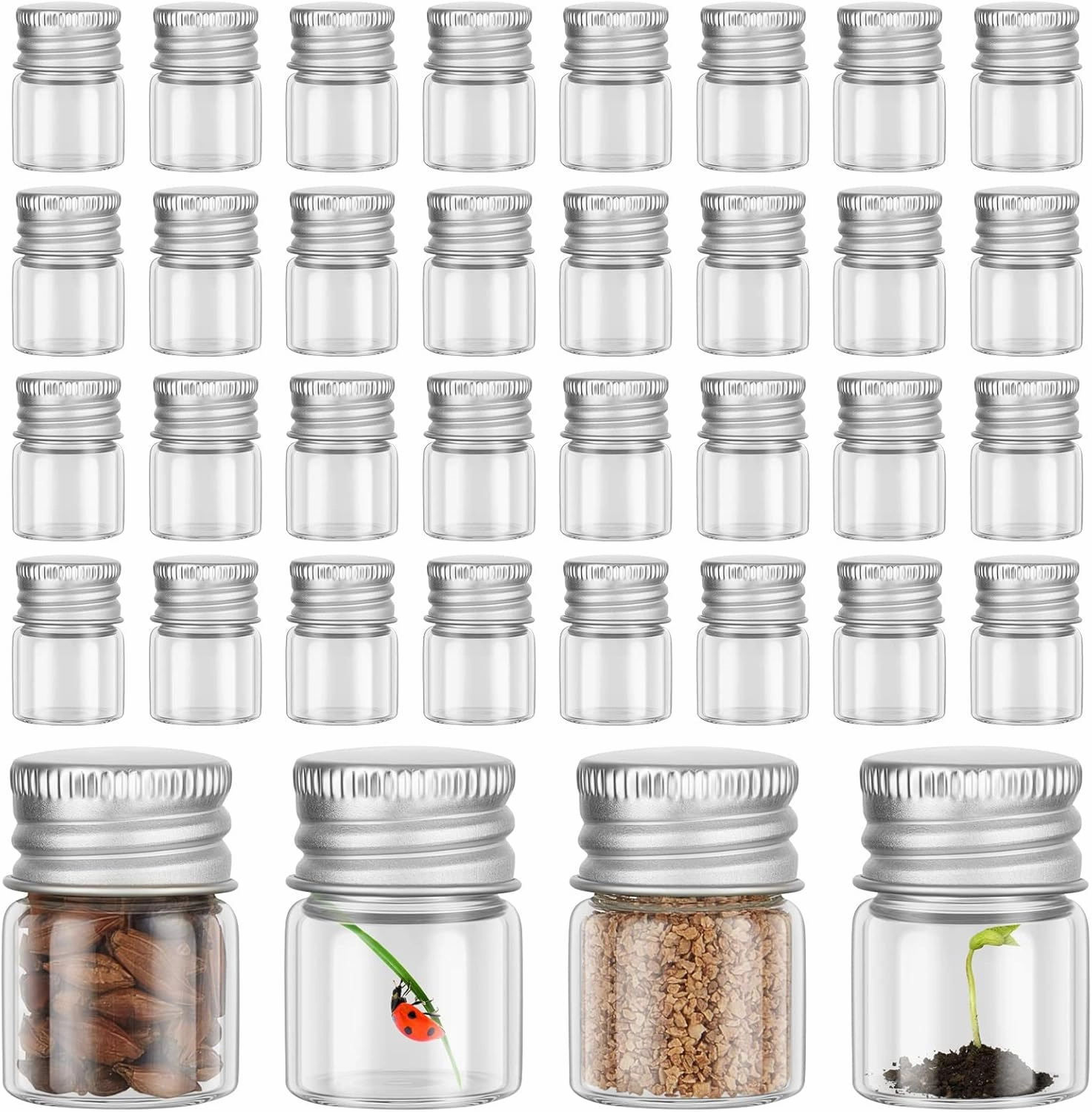 Tessco 100 Pcs 5 ml Mini Glass Bottles with Screw Caps Tiny Jars Empty Glass Vials with Aluminum Lids Small Powder Container for Cosmetic Sample Essential Oil Specimen DIY Craft Storage (Silver)