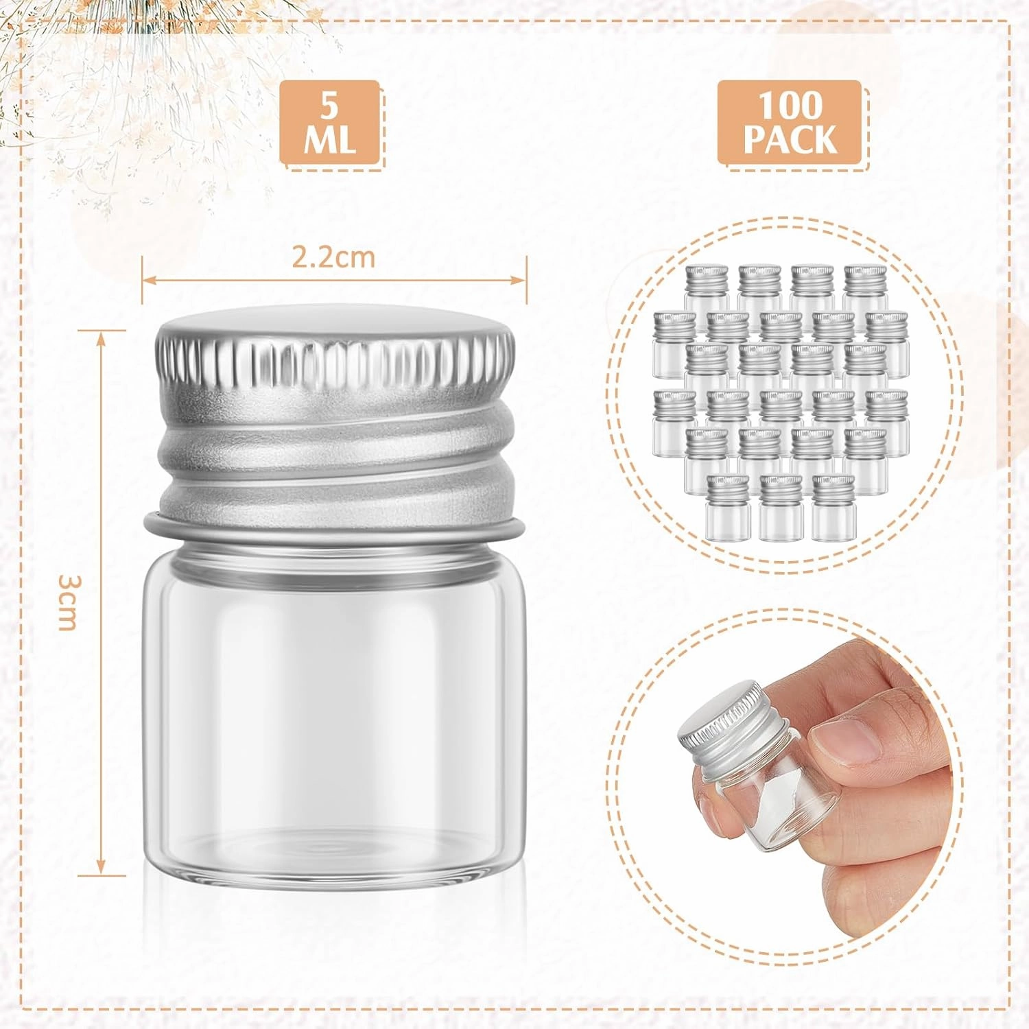Tessco 100 Pcs 5 ml Mini Glass Bottles with Screw Caps Tiny Jars Empty Glass Vials with Aluminum Lids Small Powder Container for Cosmetic Sample Essential Oil Specimen DIY Craft Storage (Silver)
